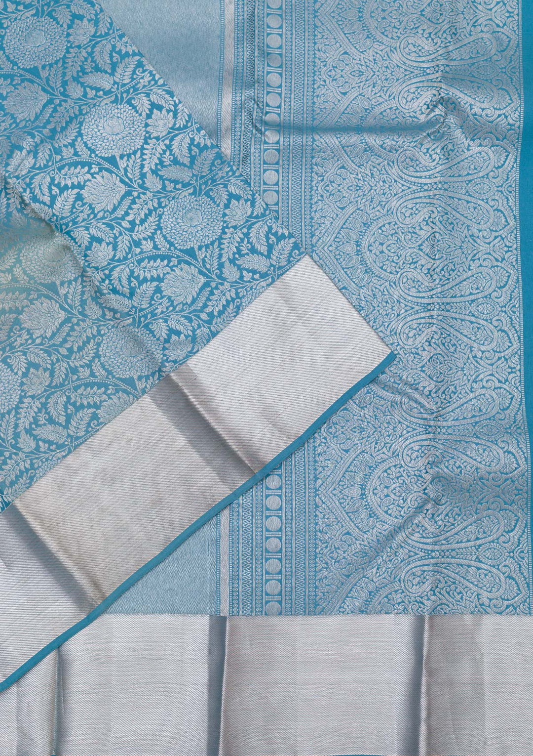 Turquoise Blue Silk Jaal Silver Zariwork Saree With Matching Blouse Piece