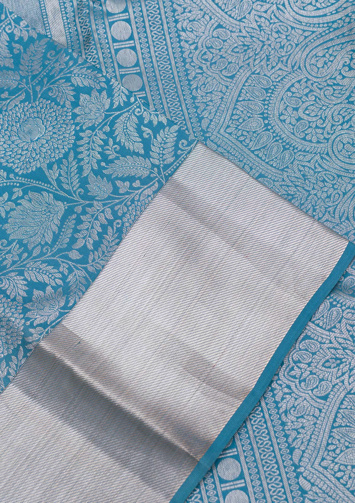 Turquoise Blue Silk Jaal Silver Zariwork Saree With Matching Blouse Piece