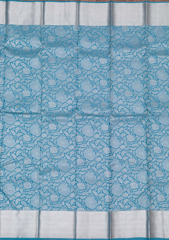 Turquoise Blue Silk Jaal Silver Zariwork Saree With Matching Blouse Piece