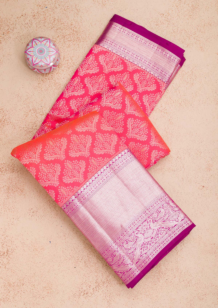 Rani Pink Silk Jaal Silver Zariwork Saree With Matching Blouse Piece