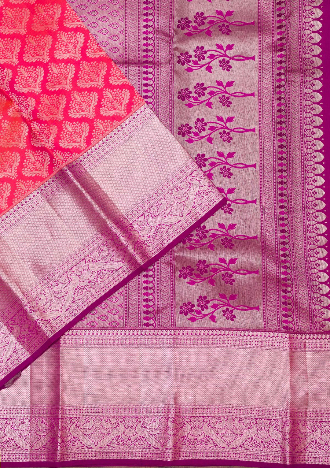 Rani Pink Silk Jaal Silver Zariwork Saree With Matching Blouse Piece
