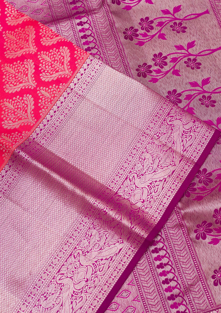 Rani Pink Silk Jaal Silver Zariwork Saree With Matching Blouse Piece