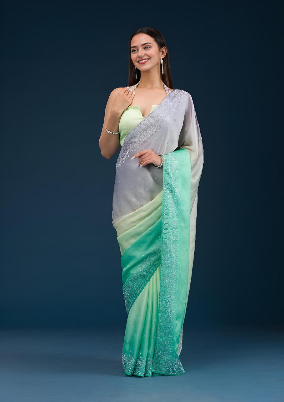 Grey Satin Ombre Silver Stonework Saree With Matching Blouse Piece