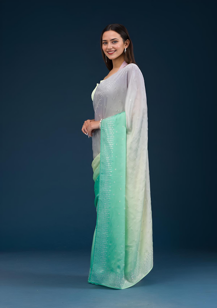 Grey Satin Ombre Silver Stonework Saree With Matching Blouse Piece