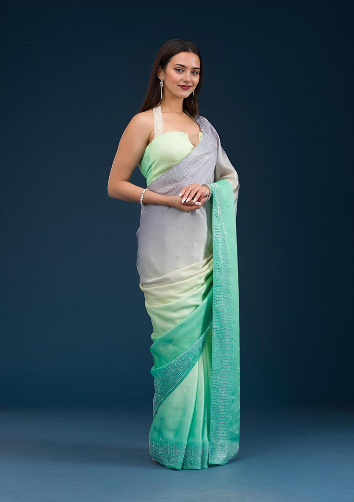 Grey Satin Ombre Silver Stonework Saree With Matching Blouse Piece