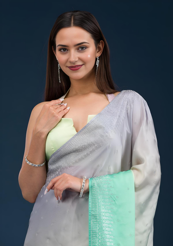 Grey Satin Ombre Silver Stonework Saree With Matching Blouse Piece