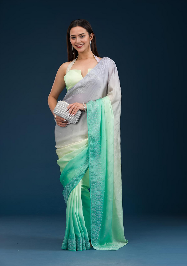 Grey Satin Ombre Silver Stonework Saree With Matching Blouse Piece