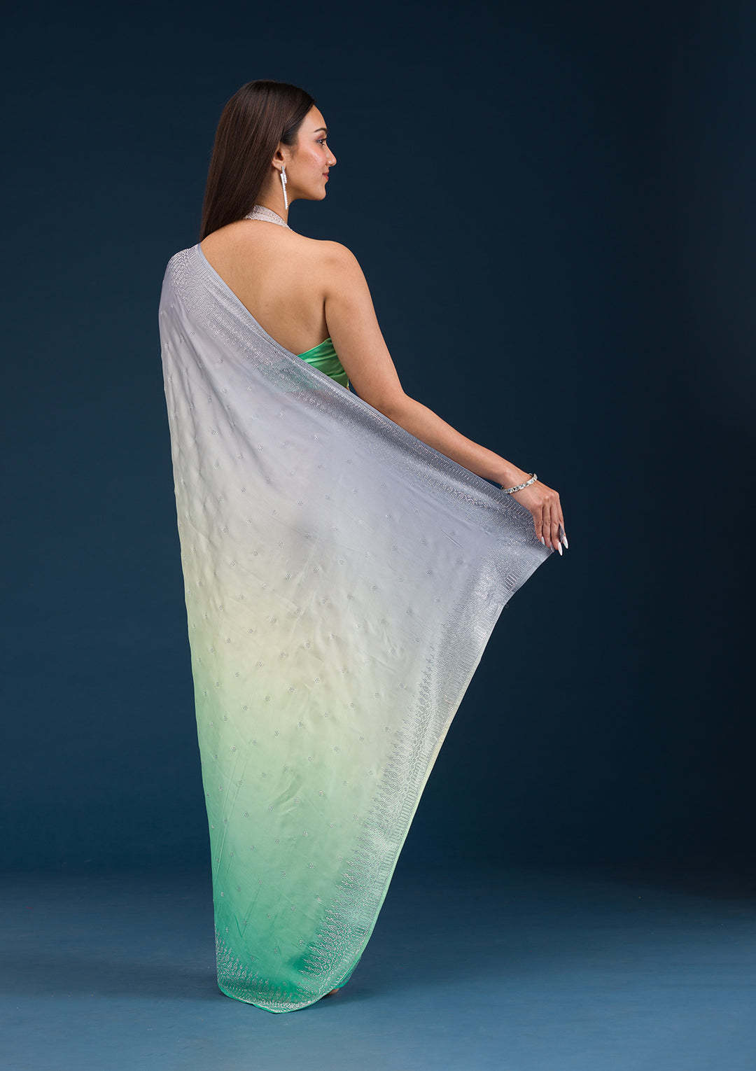 Grey Satin Ombre Silver Stonework Saree With Matching Blouse Piece