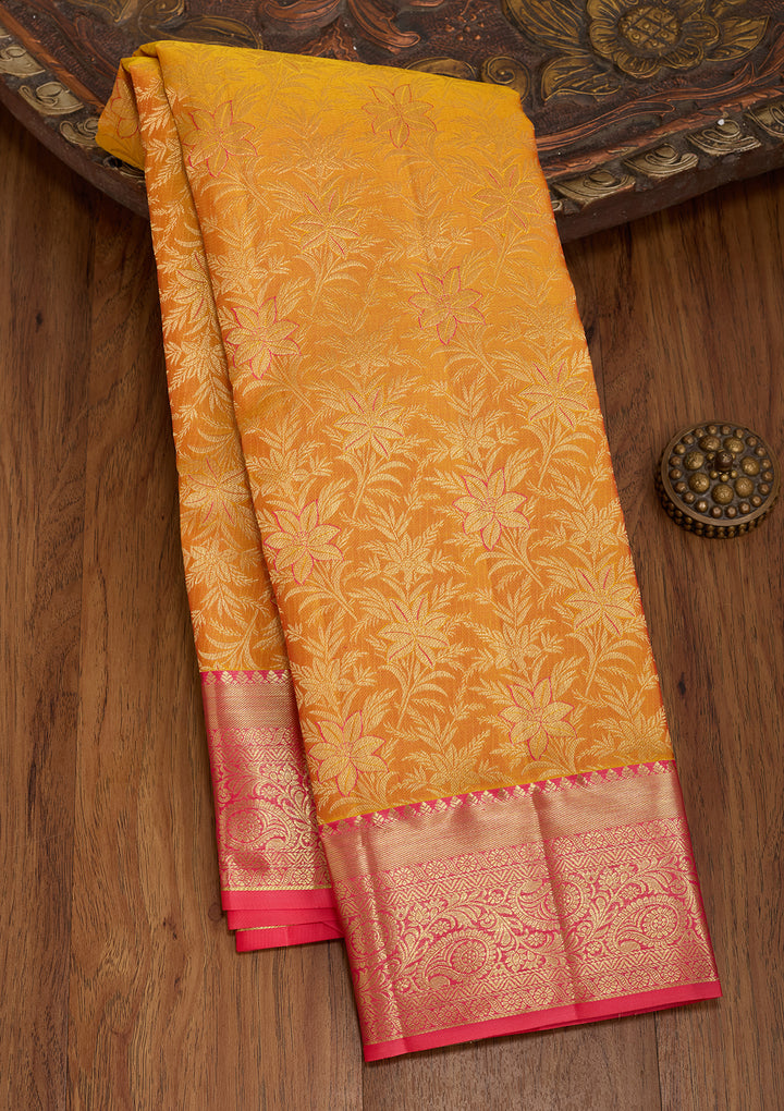 Mustard Silk Jaal Gold Zariwork Saree With Matching Blouse Piece