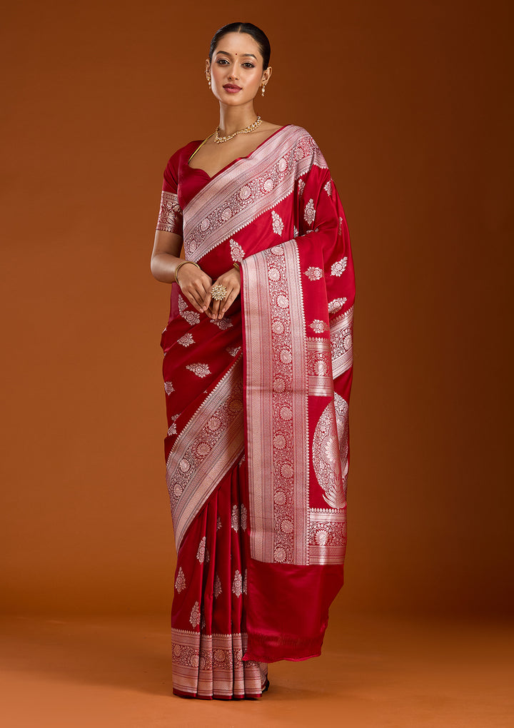 Maroon Silk Jaal Silver Zariwork Saree With Matching Blouse Piece