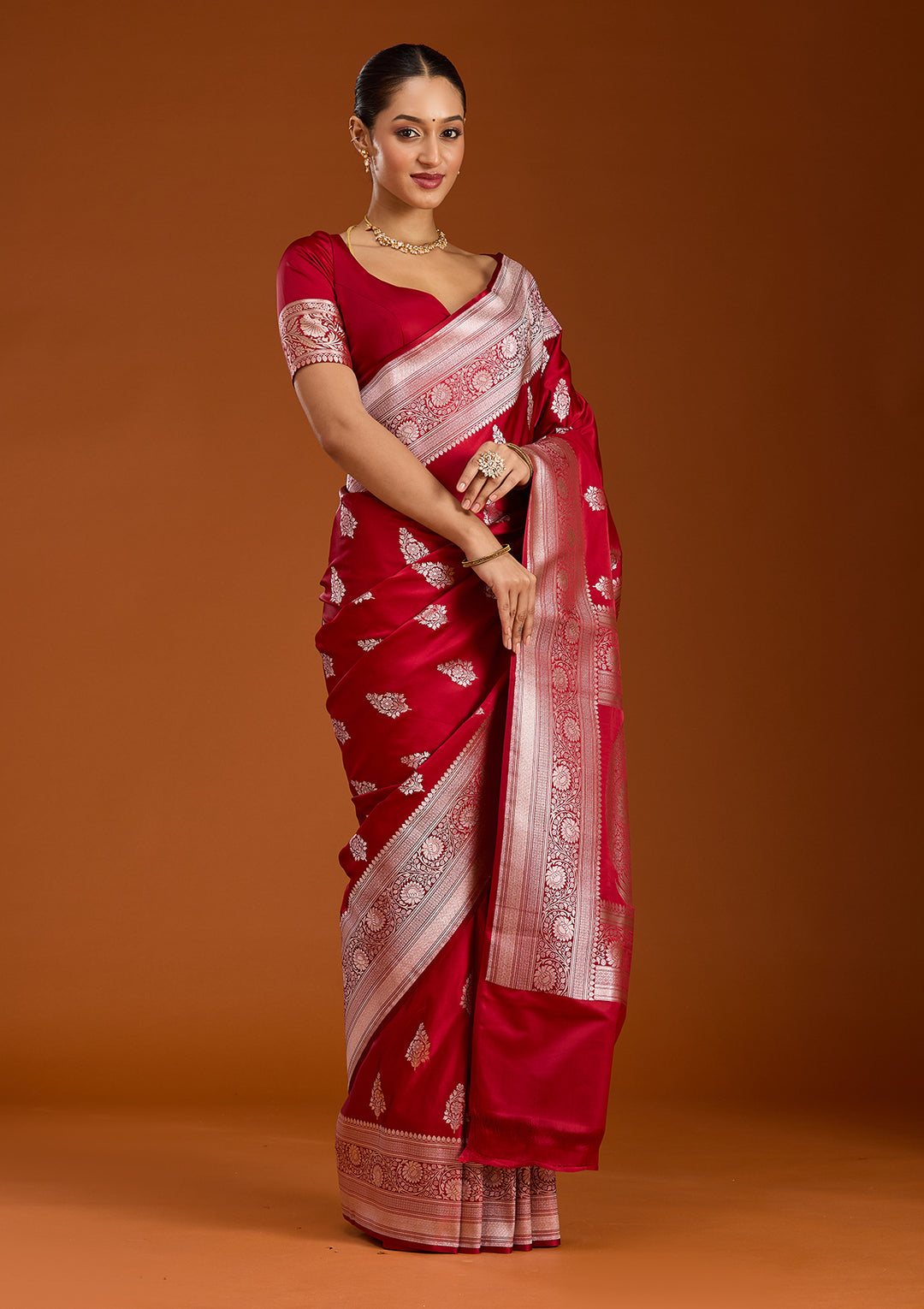 Maroon Silk Jaal Silver Zariwork Saree With Matching Blouse Piece