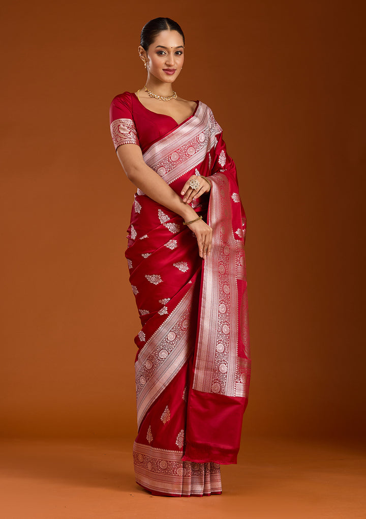 Maroon Silk Jaal Silver Zariwork Saree With Matching Blouse Piece
