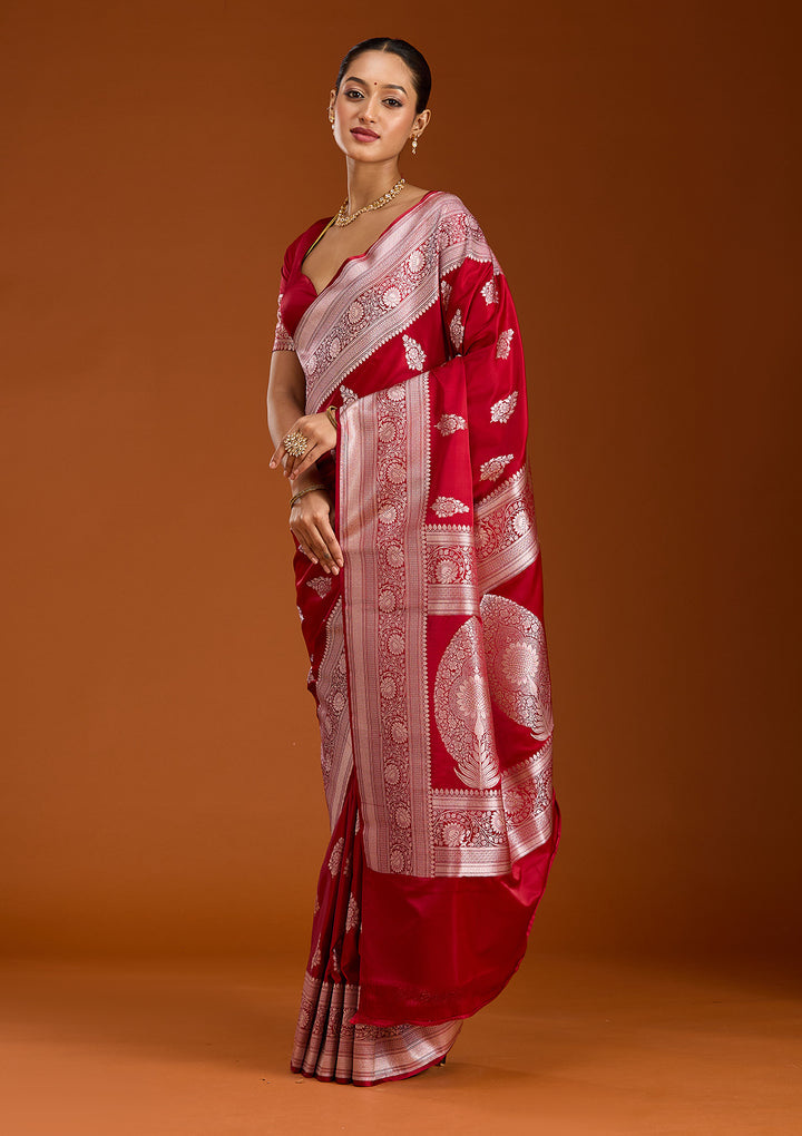 Maroon Silk Jaal Silver Zariwork Saree With Matching Blouse Piece