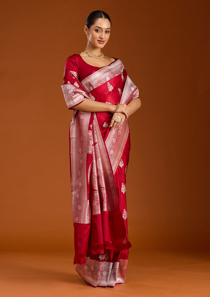 Maroon Silk Jaal Silver Zariwork Saree With Matching Blouse Piece