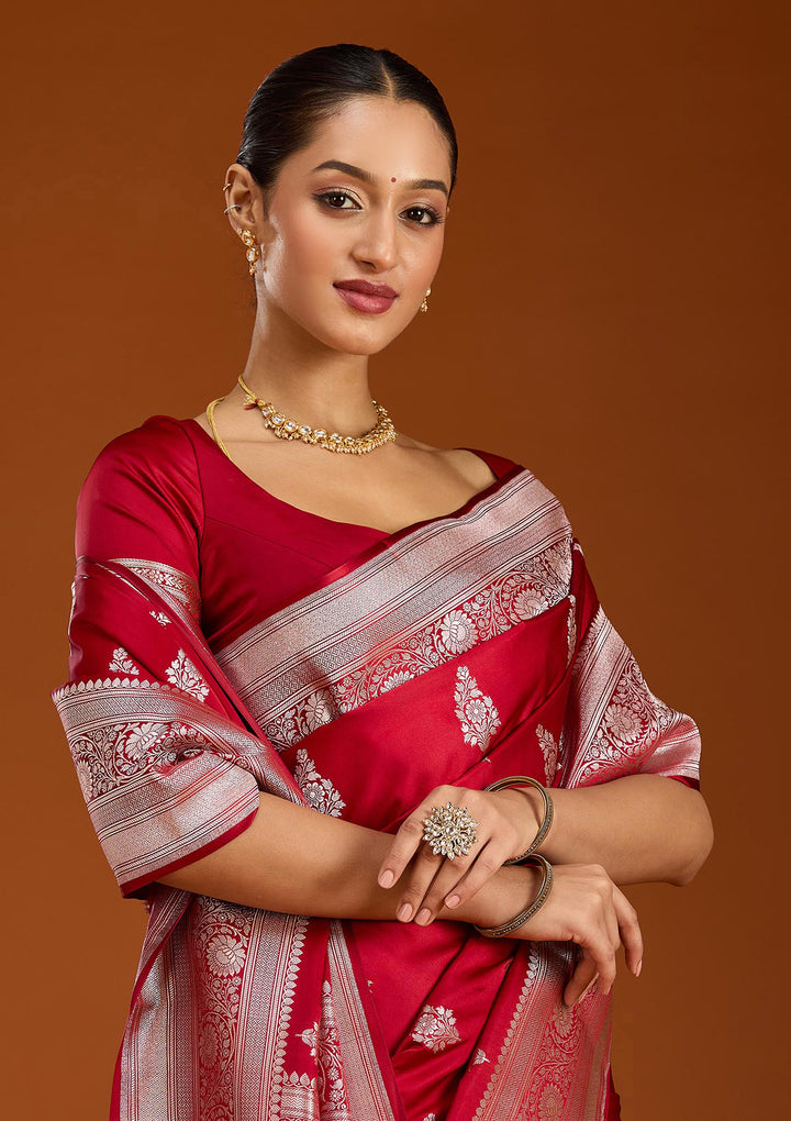 Maroon Silk Jaal Silver Zariwork Saree With Matching Blouse Piece