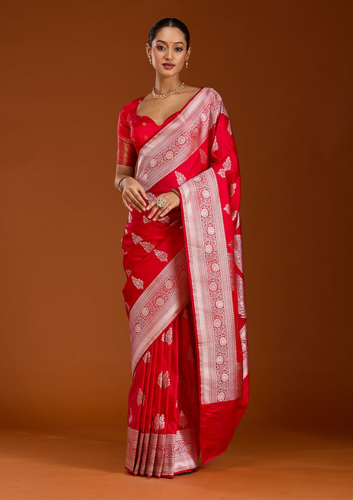 Red Silk Jaal Silver Zariwork Saree With Matching Blouse Piece
