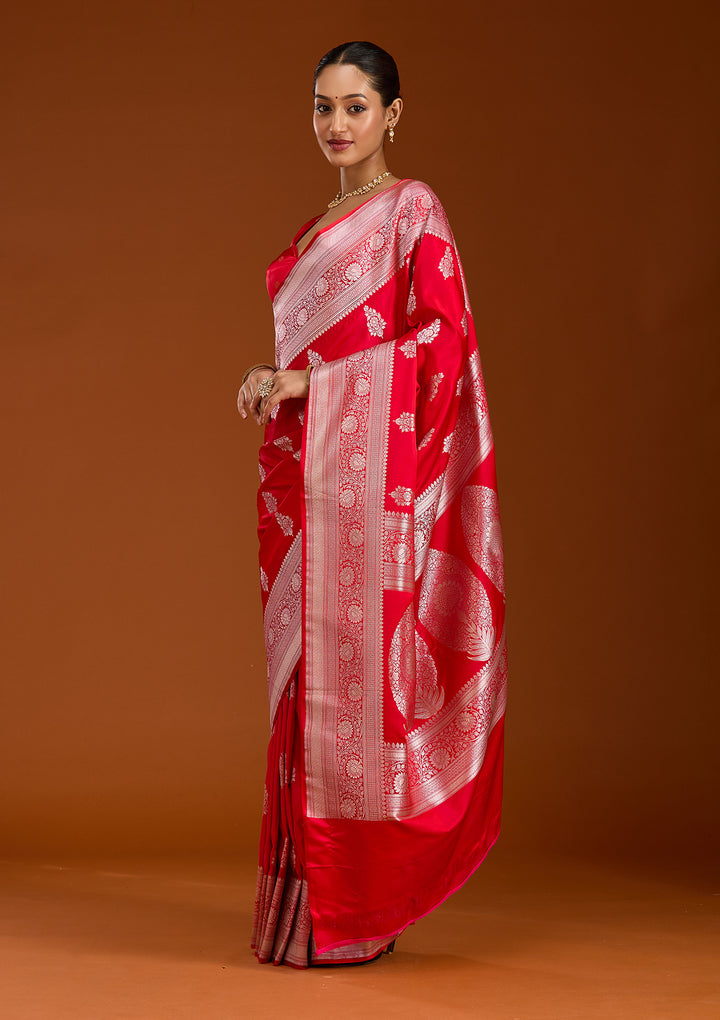 Red Silk Jaal Silver Zariwork Saree With Matching Blouse Piece