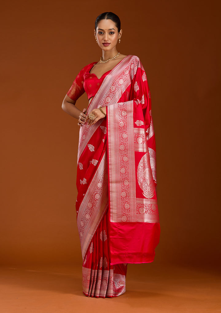 Red Silk Jaal Silver Zariwork Saree With Matching Blouse Piece