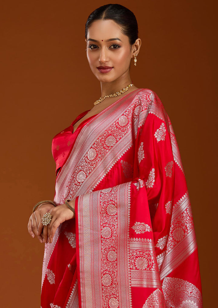 Red Silk Jaal Silver Zariwork Saree With Matching Blouse Piece