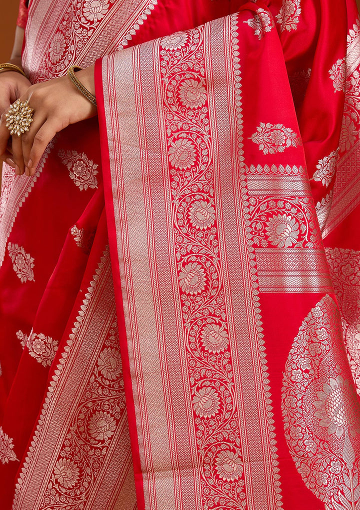 Red Silk Jaal Silver Zariwork Saree With Matching Blouse Piece