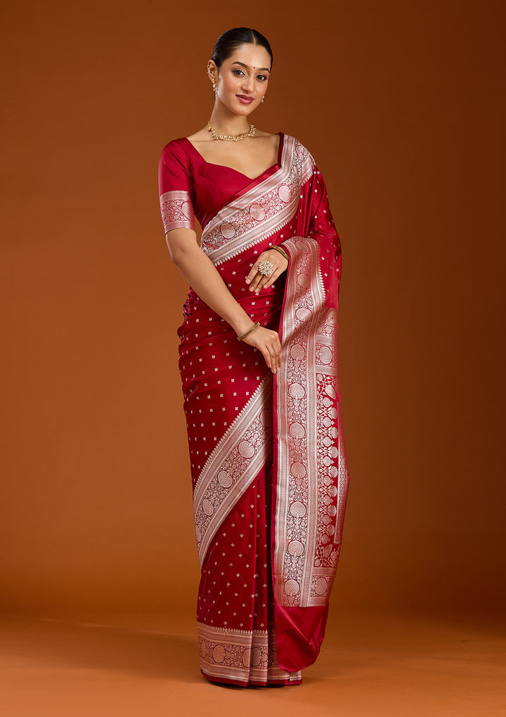 Maroon Silk Jaal Gold Zariwork Saree With Matching Blouse Piece