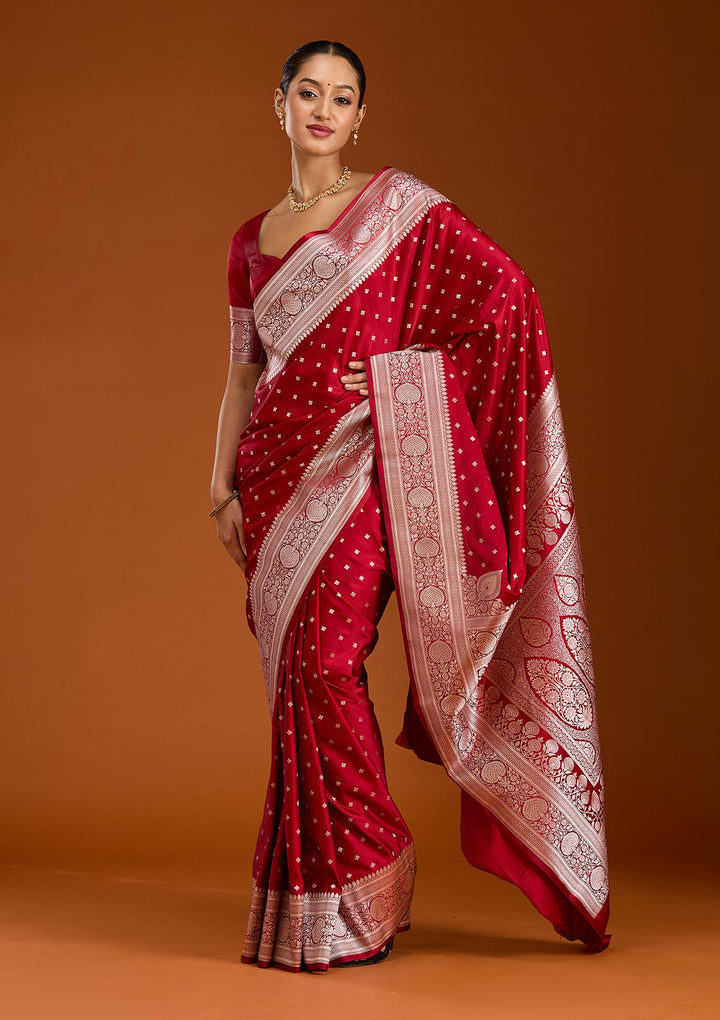 Maroon Silk Jaal Gold Zariwork Saree With Matching Blouse Piece