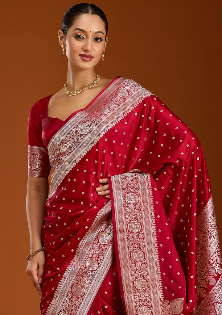 Maroon Silk Jaal Gold Zariwork Saree With Matching Blouse Piece