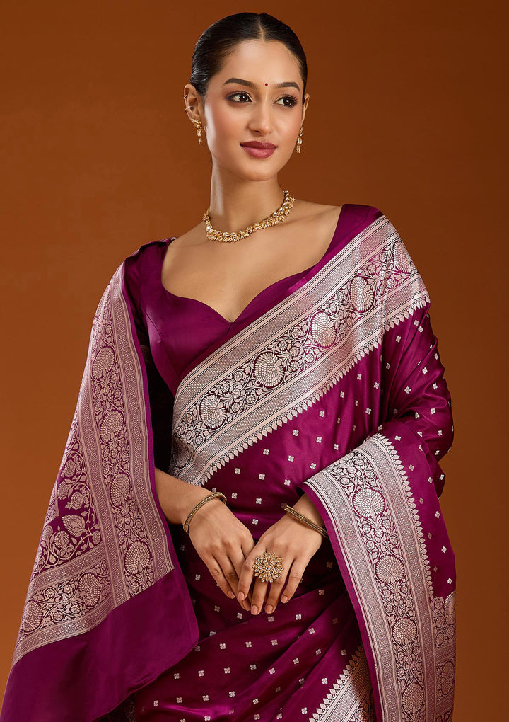 Purple Silk Jaal Gold Zariwork Saree With Matching Blouse Piece