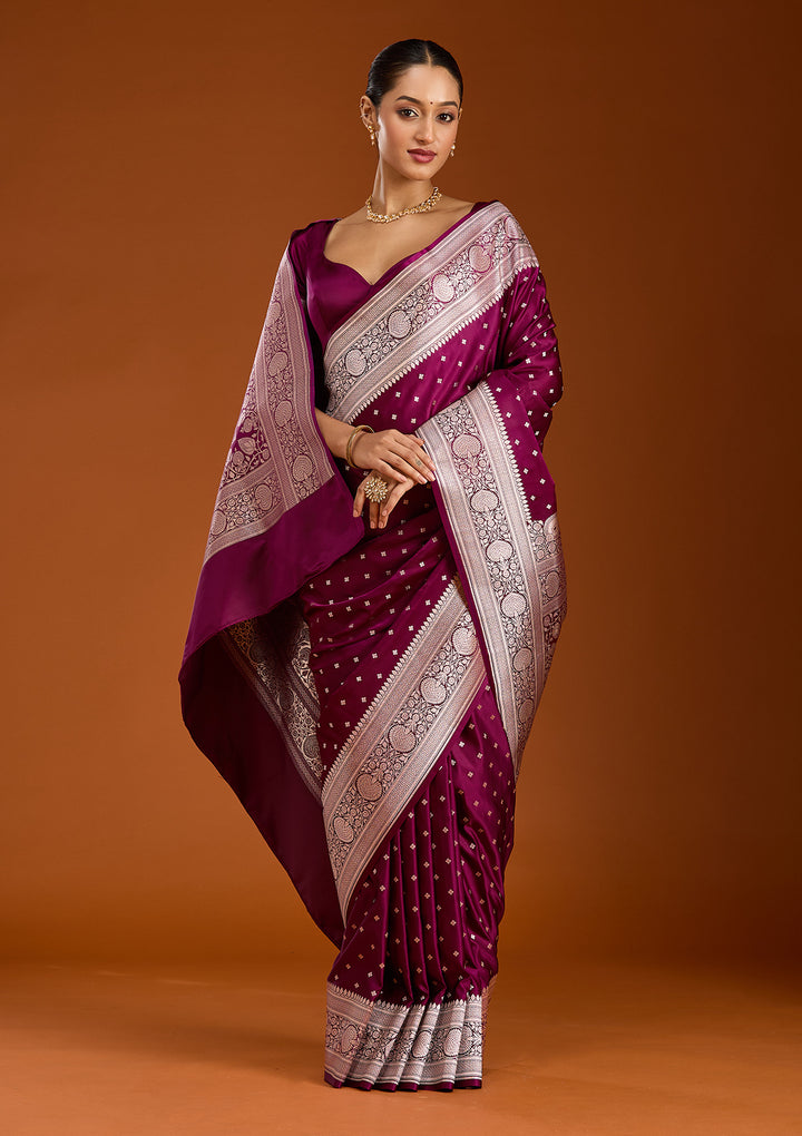 Purple Silk Jaal Gold Zariwork Saree With Matching Blouse Piece