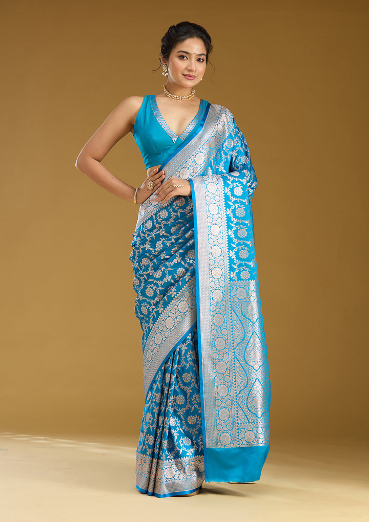Sky Blue Silk Jaal Gold Zariwork Saree With Matching Blouse Piece