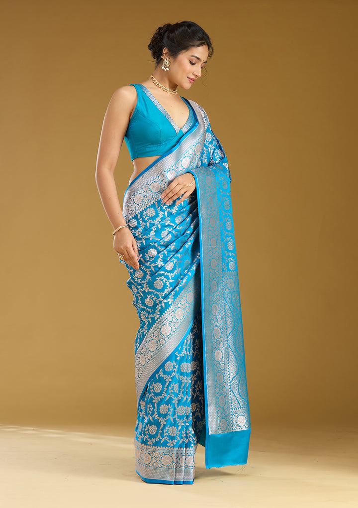 Sky Blue Silk Jaal Gold Zariwork Saree With Matching Blouse Piece