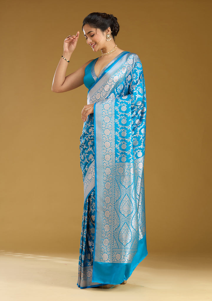 Sky Blue Silk Jaal Gold Zariwork Saree With Matching Blouse Piece