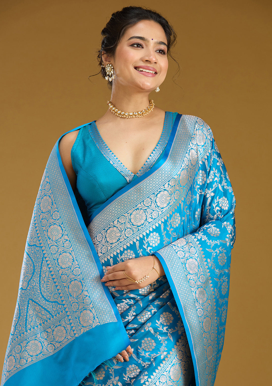 Sky Blue Silk Jaal Gold Zariwork Saree With Matching Blouse Piece