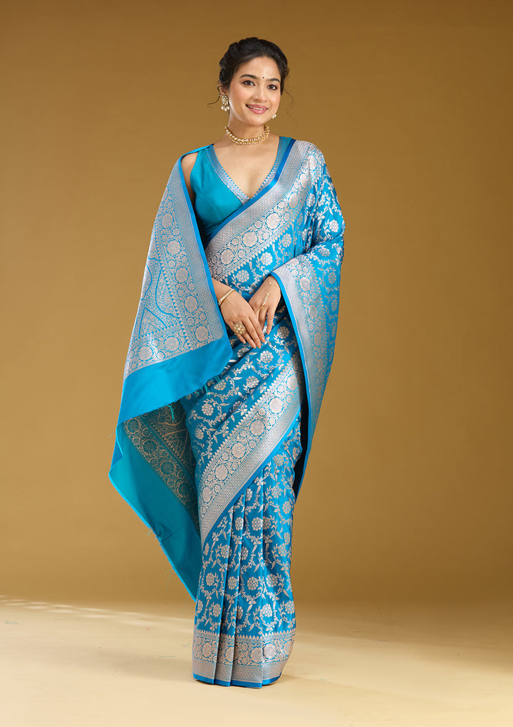 Sky Blue Silk Jaal Gold Zariwork Saree With Matching Blouse Piece
