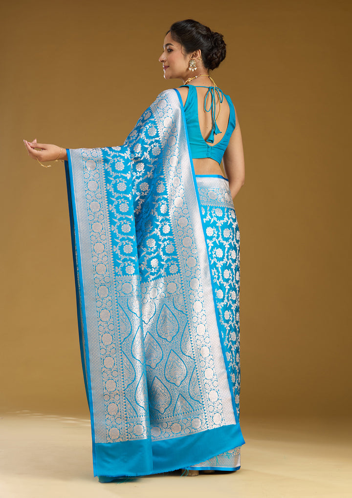 Sky Blue Silk Jaal Gold Zariwork Saree With Matching Blouse Piece