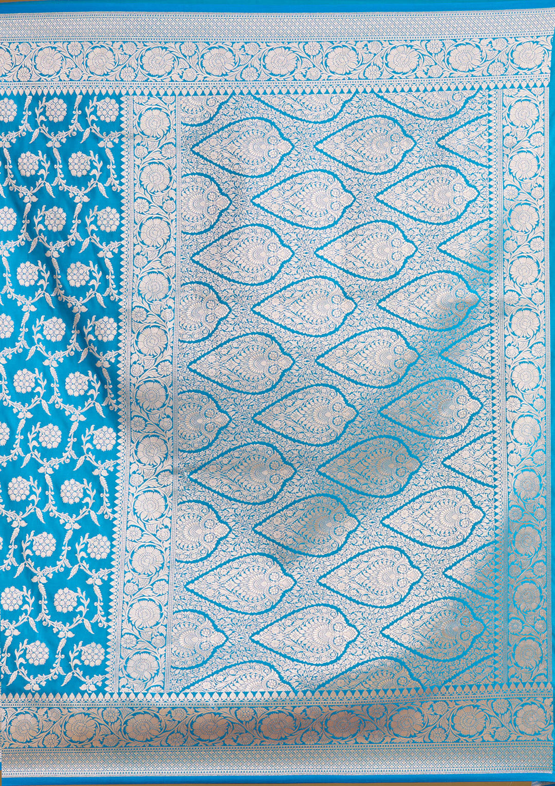 Sky Blue Silk Jaal Gold Zariwork Saree With Matching Blouse Piece