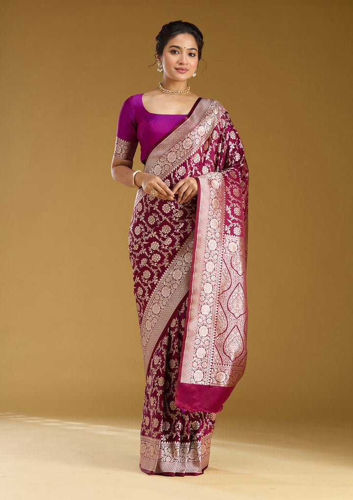 Wine Silk Jaal Gold Zariwork Saree With Matching Blouse Piece