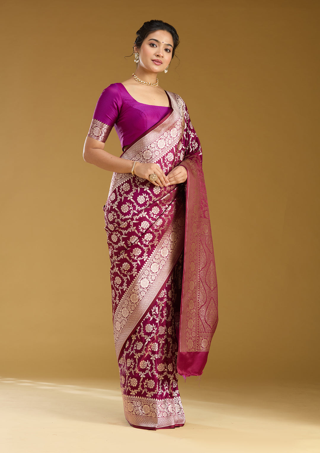 Wine Silk Jaal Gold Zariwork Saree With Matching Blouse Piece