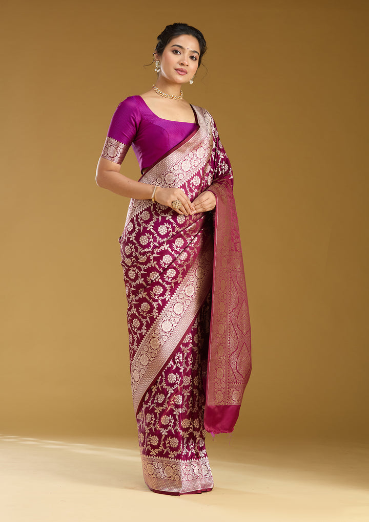 Wine Silk Jaal Gold Zariwork Saree With Matching Blouse Piece