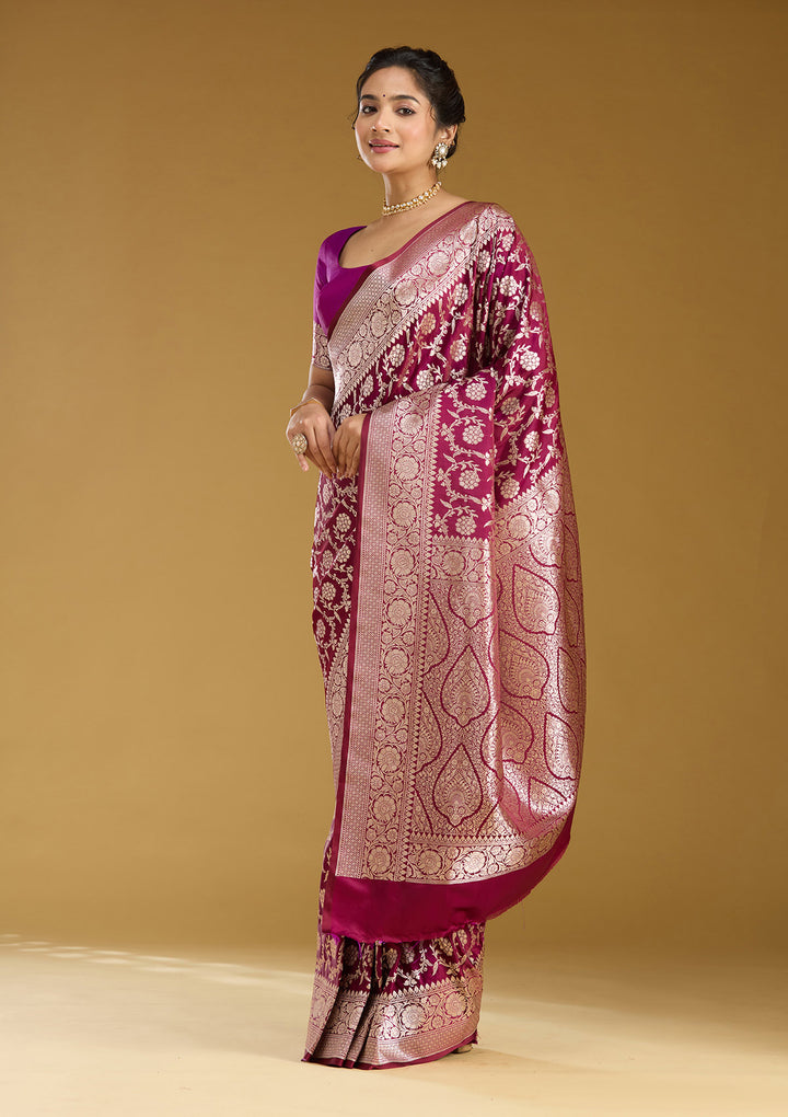 Wine Silk Jaal Gold Zariwork Saree With Matching Blouse Piece