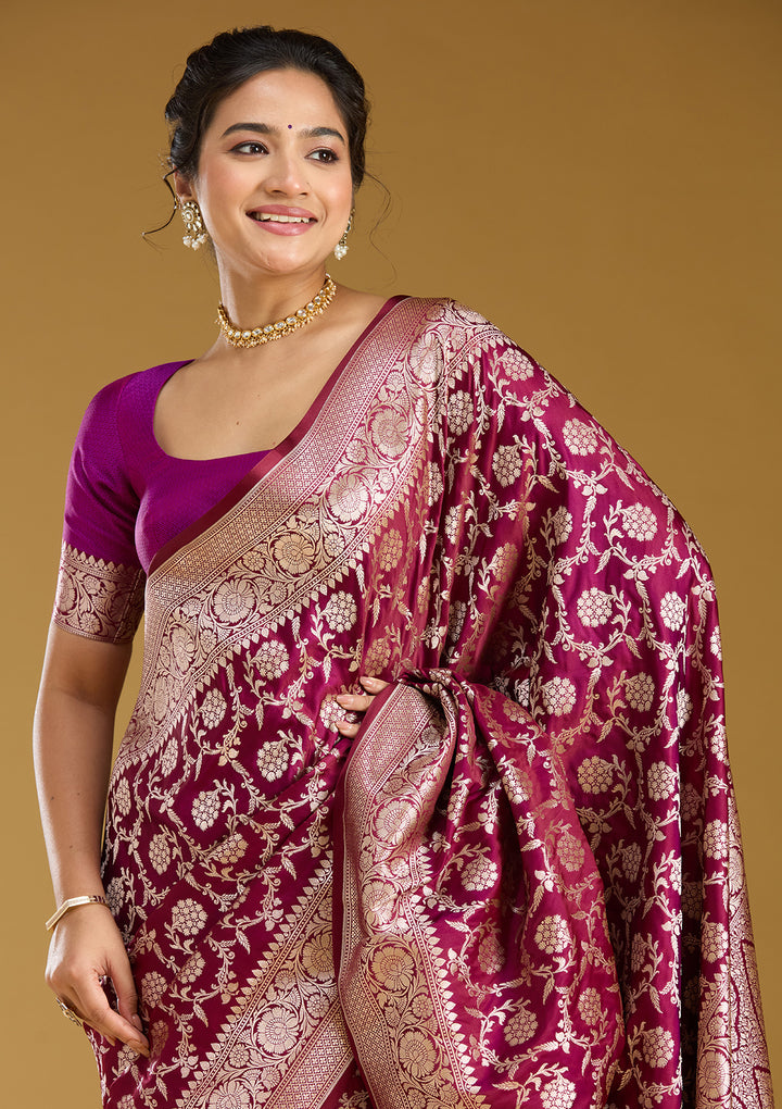 Wine Silk Jaal Gold Zariwork Saree With Matching Blouse Piece