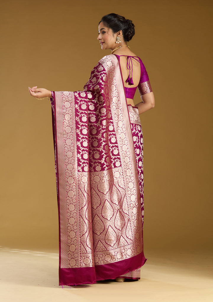 Wine Silk Jaal Gold Zariwork Saree With Matching Blouse Piece