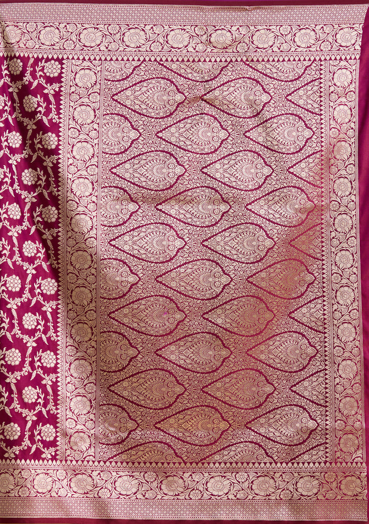 Wine Silk Jaal Gold Zariwork Saree With Matching Blouse Piece
