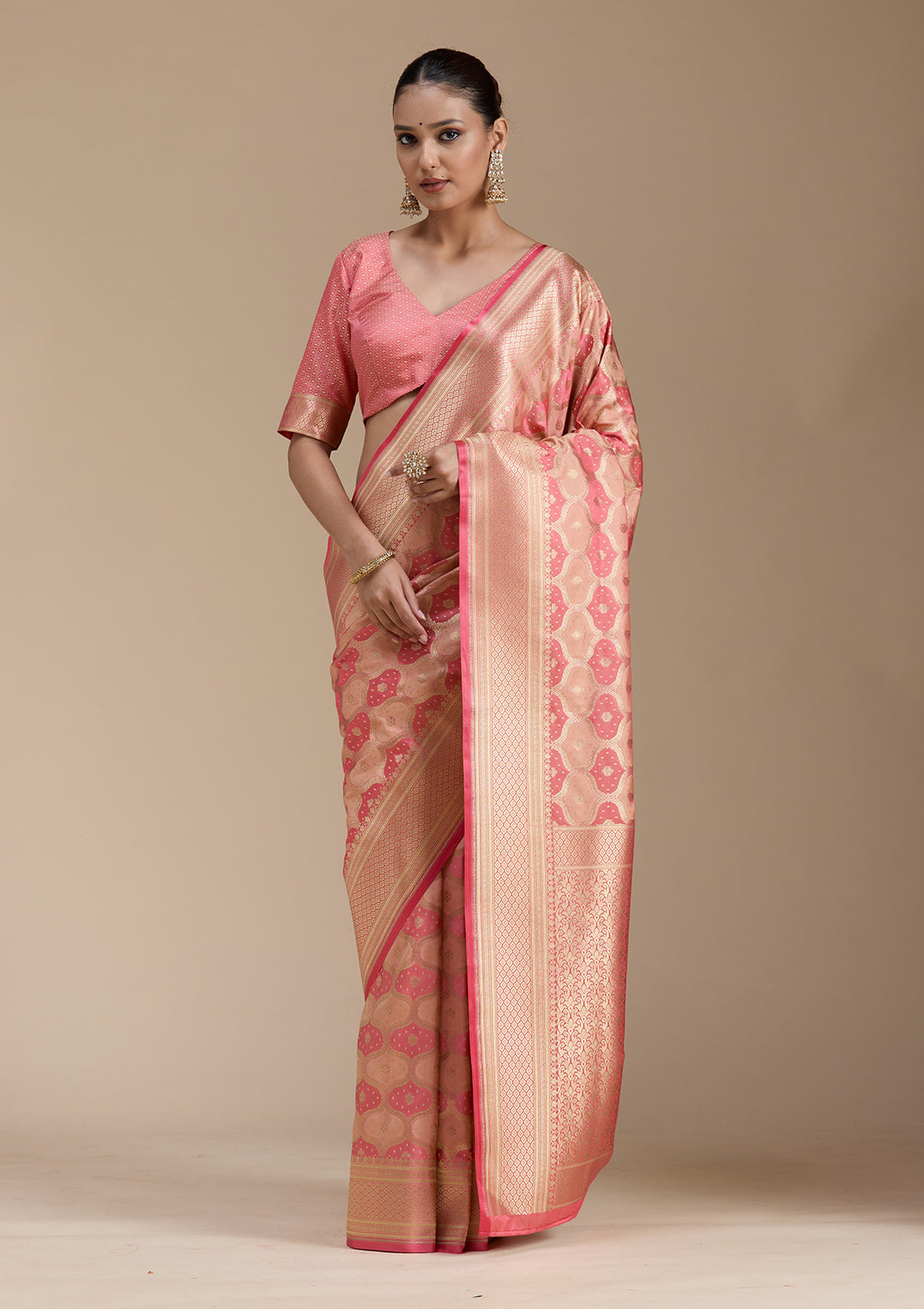 Peach Silk Jaal Gold Zariwork Saree With Matching Blouse Piece