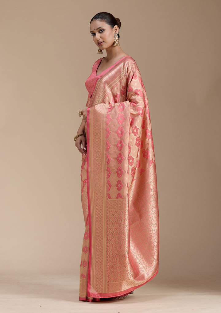 Peach Silk Jaal Gold Zariwork Saree With Matching Blouse Piece