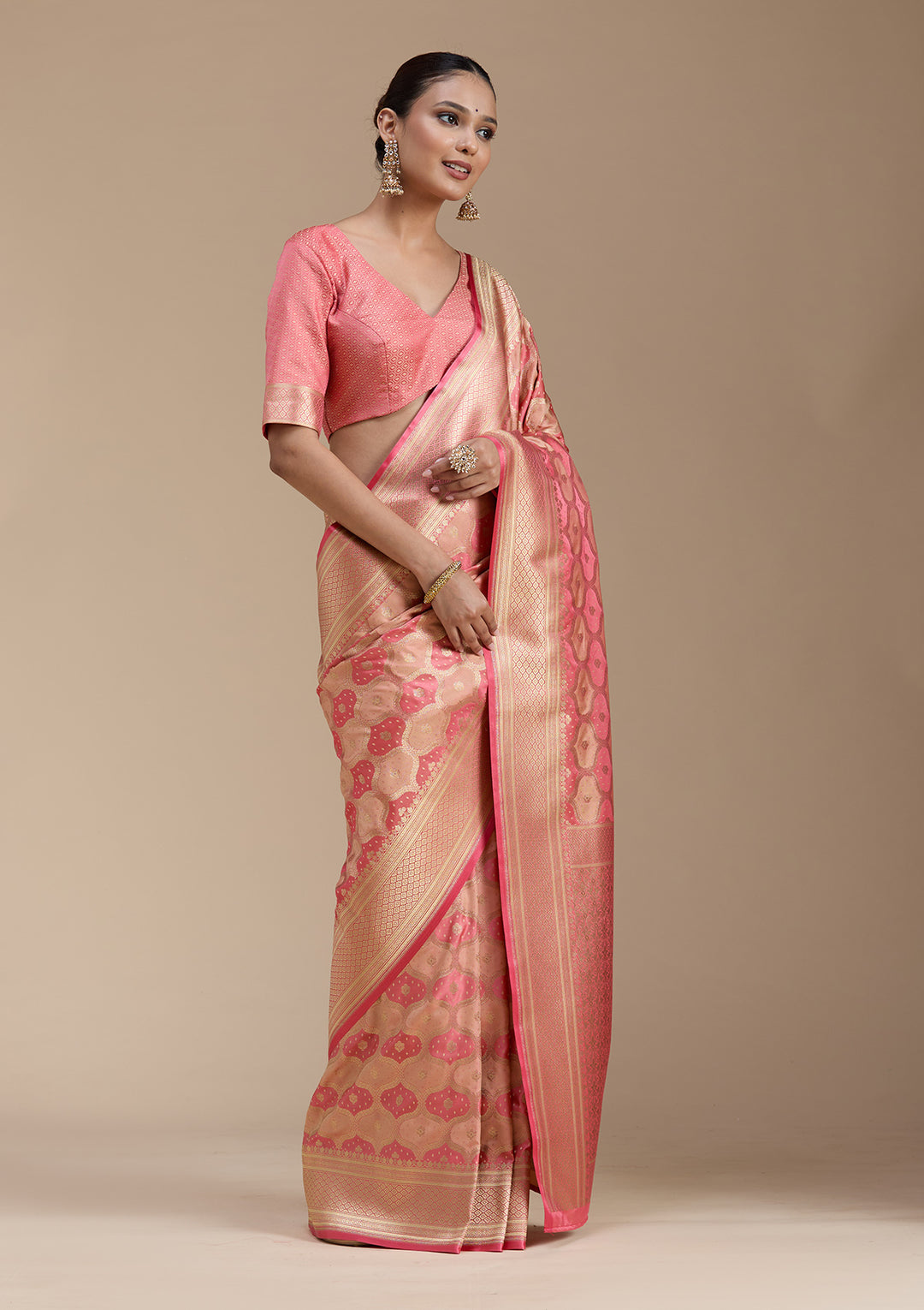 Peach Silk Jaal Gold Zariwork Saree With Matching Blouse Piece