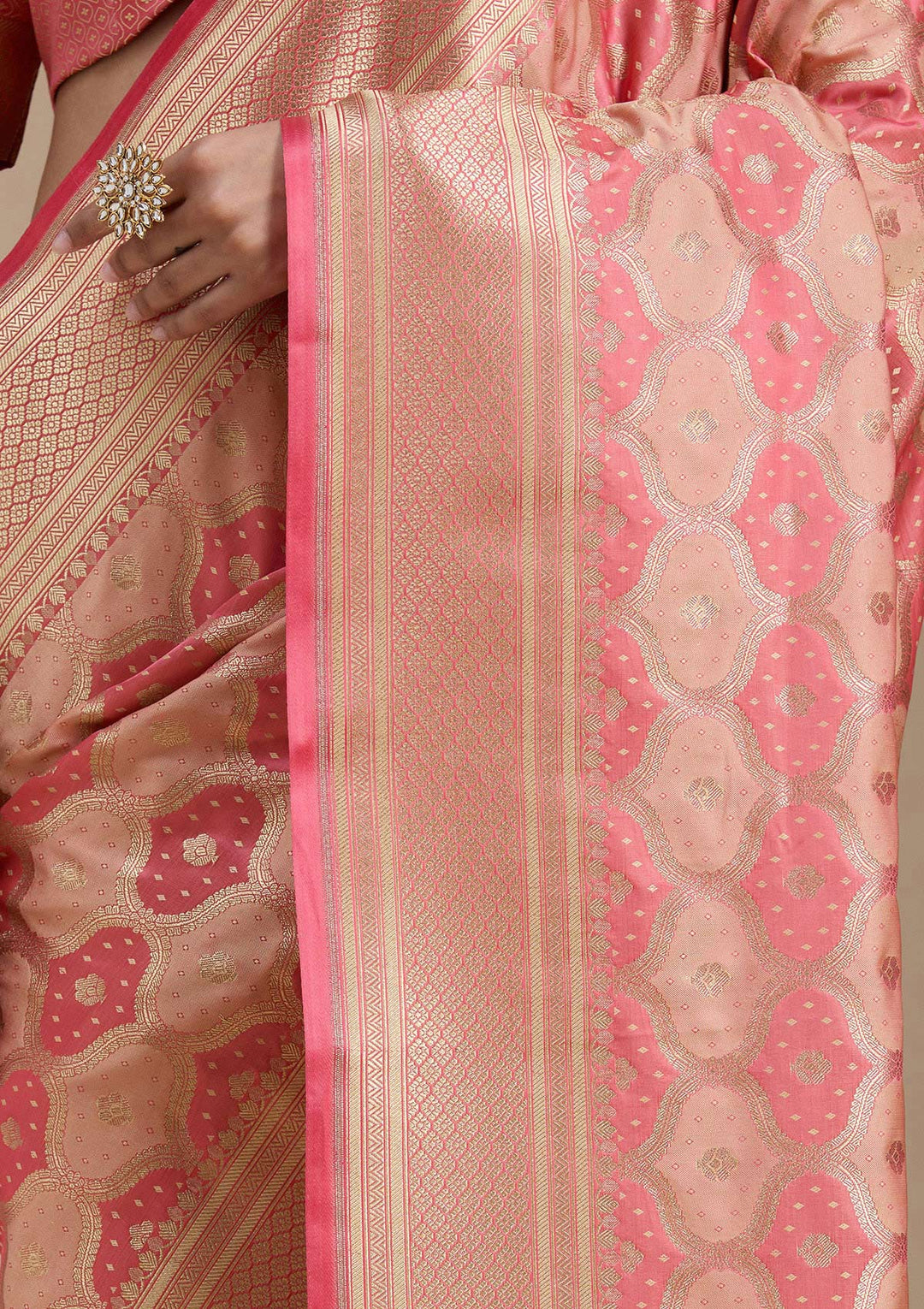 Peach Silk Jaal Gold Zariwork Saree With Matching Blouse Piece