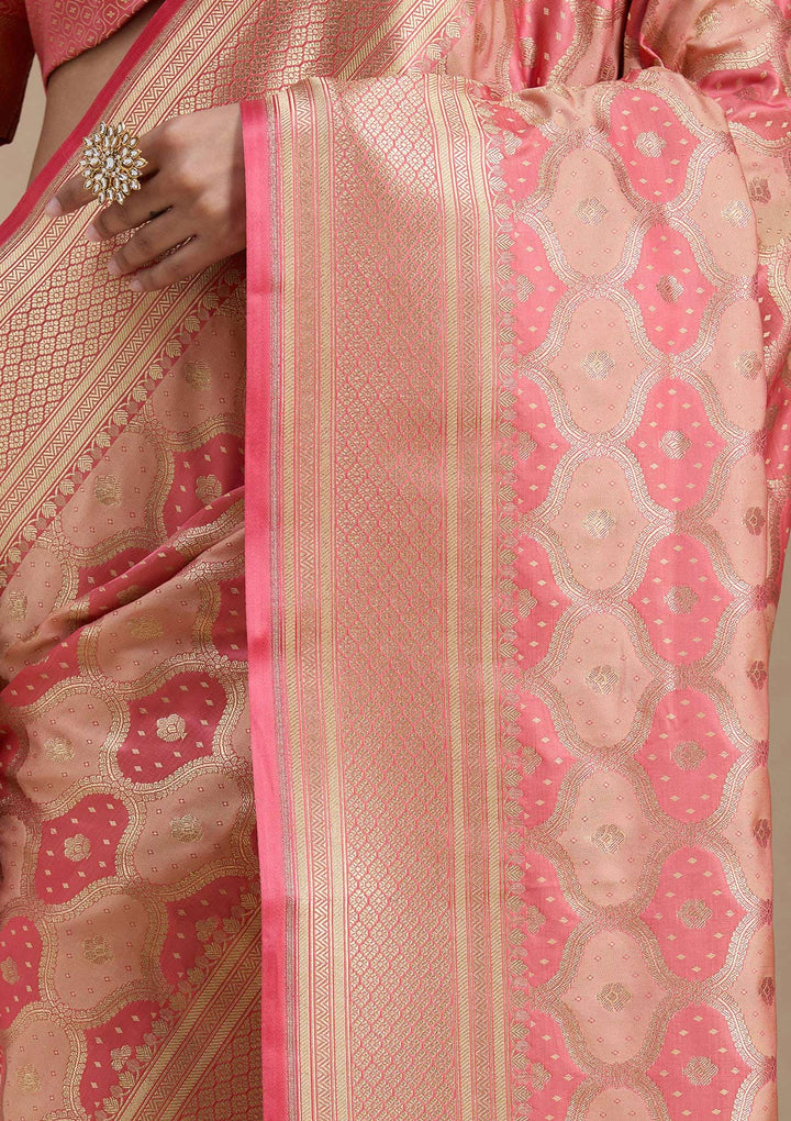 Peach Silk Jaal Gold Zariwork Saree With Matching Blouse Piece
