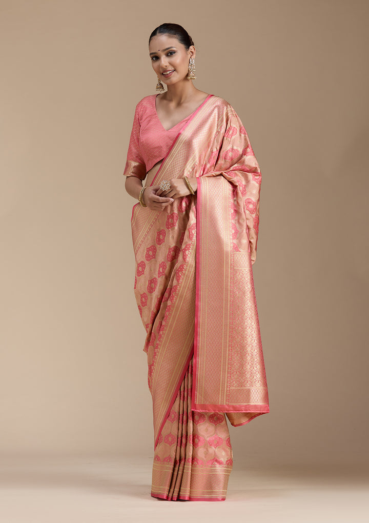 Peach Silk Jaal Gold Zariwork Saree With Matching Blouse Piece