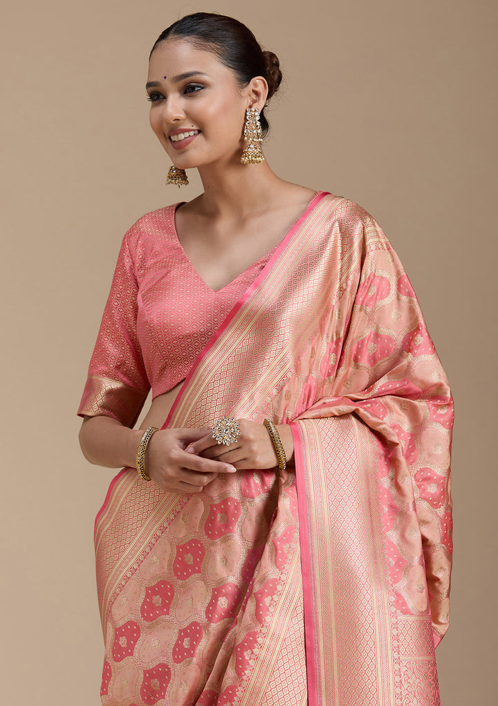 Peach Silk Jaal Gold Zariwork Saree With Matching Blouse Piece